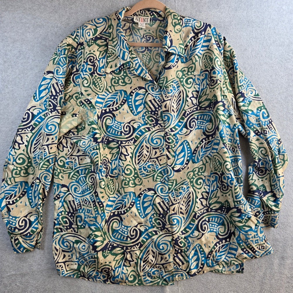 Stunt Silk Blouse Women 2X Blue Green Abstract Paisley Print Vintage Long Sleeve